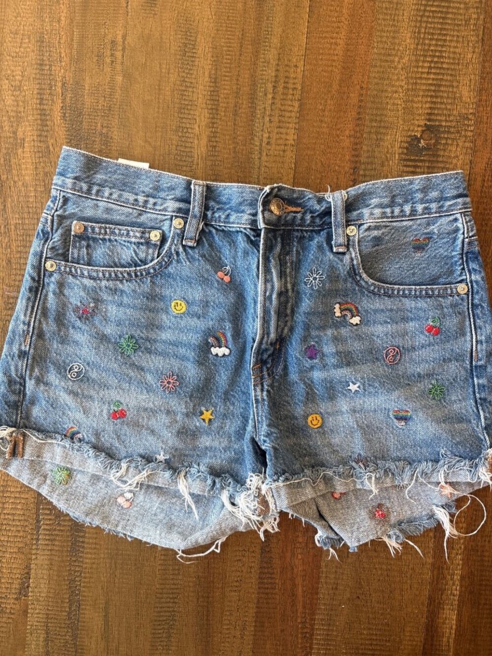 American Eagle Boho Embroidered Denim Cutoff Shorts Rainbow Cherry Y2K Size 6